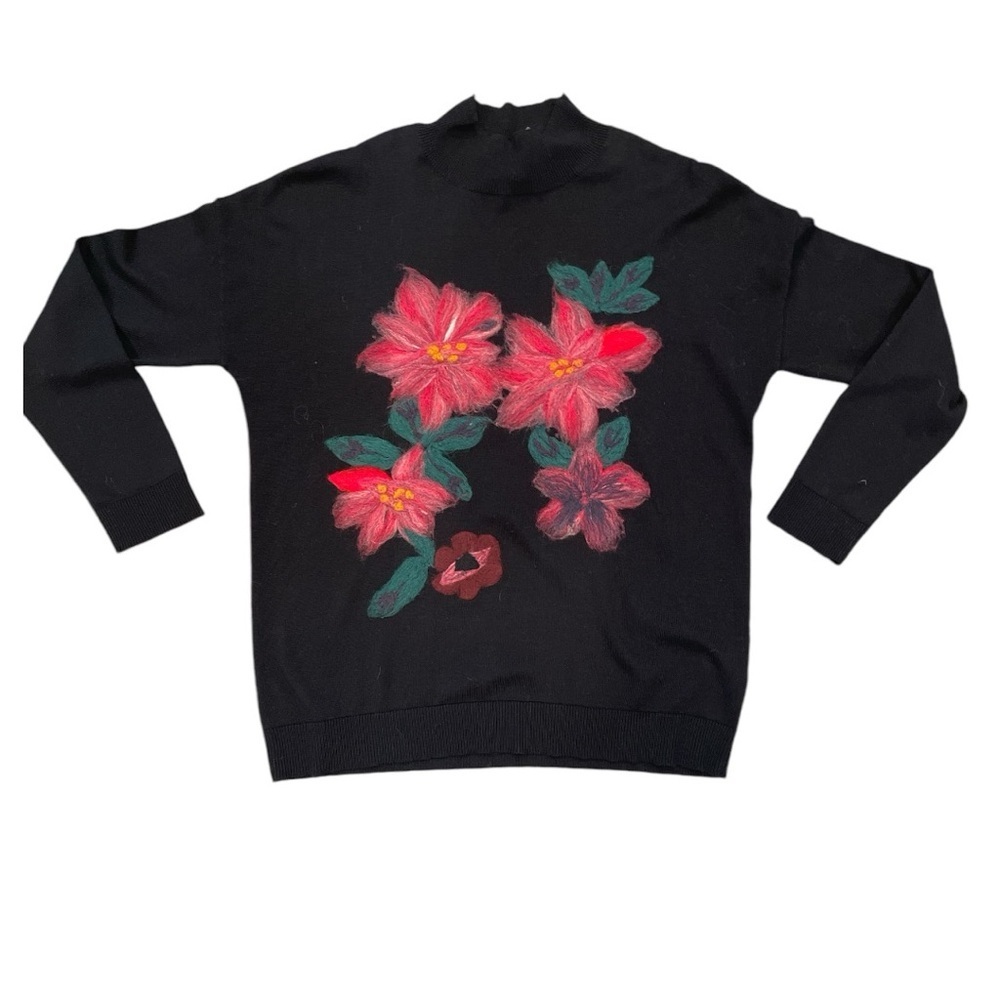Spanner Holiday Floral Felted Appliqué Black Cotton Sweater | Size M | Canada